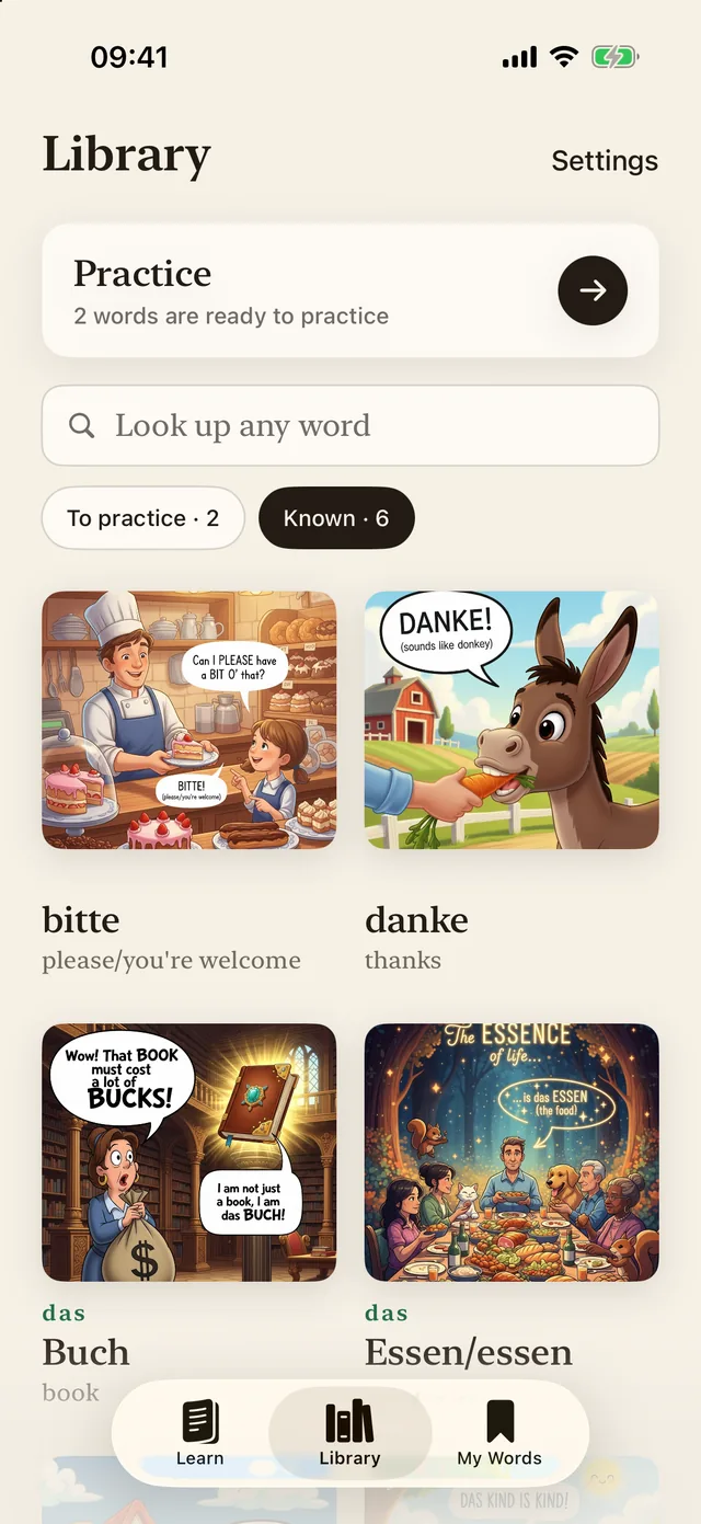 WordStory library: every word as a small picture, with a search field