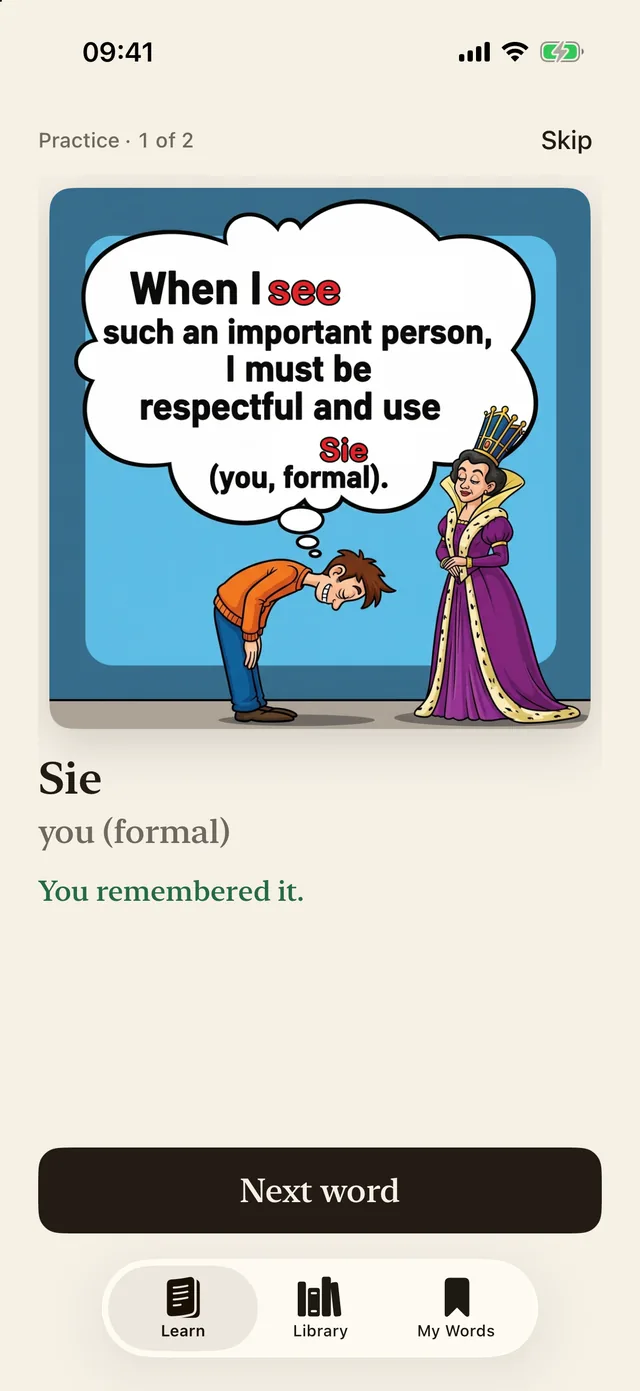 WordStory practice screen: a quiz asking for the meaning of a German word