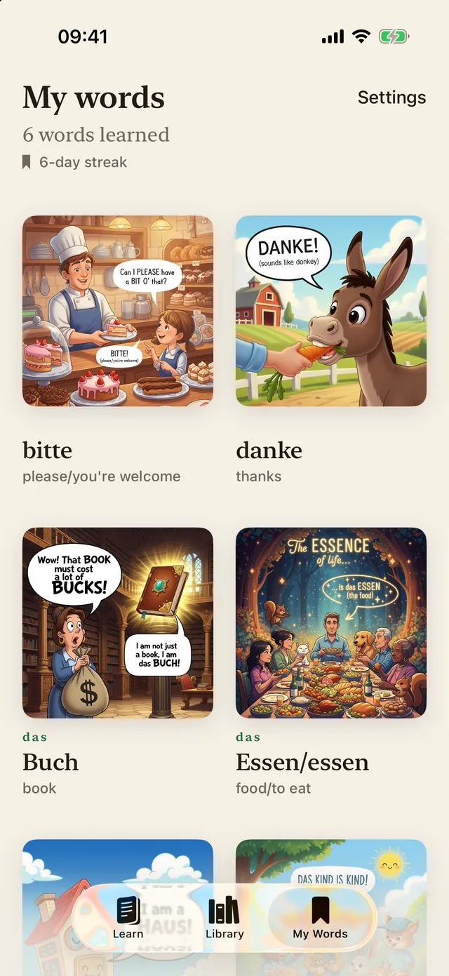 WordStory My Words screen with the words you have learned