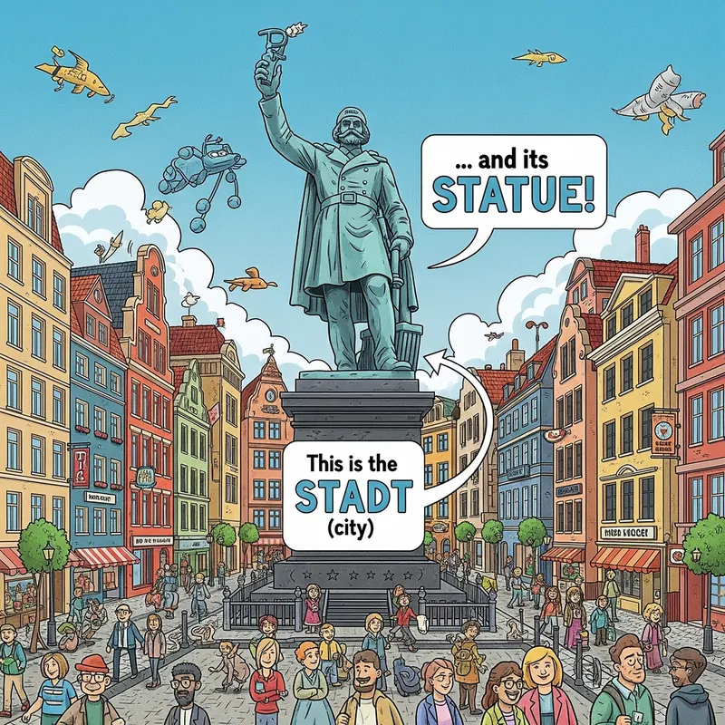 Funny picture to remember the German word die Stadt, meaning the city