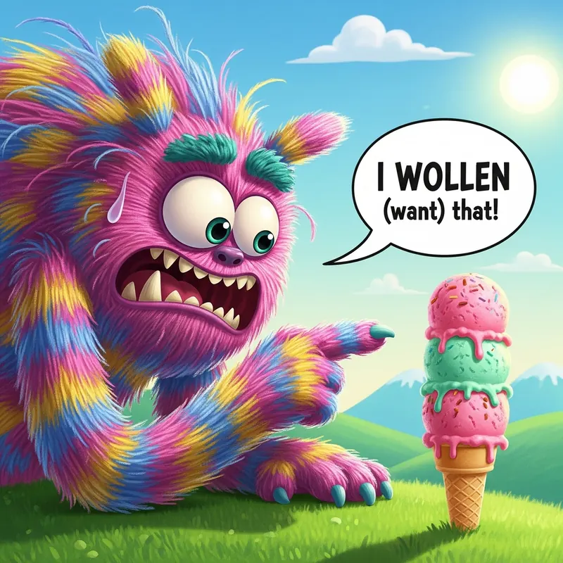 Funny picture to remember the German word wollen, meaning to want